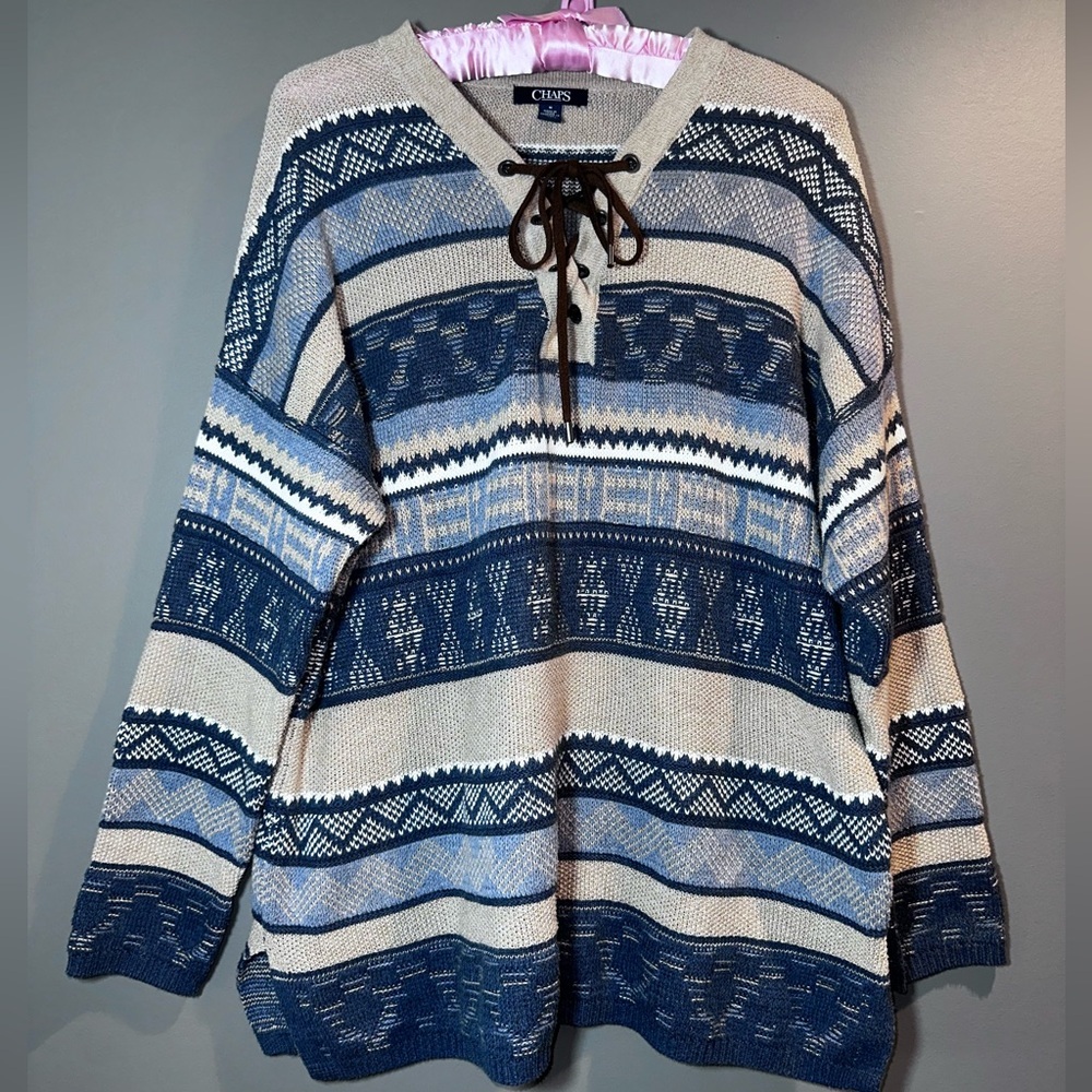Chaps Boho Knit Sweater Knit Lace Up Sweater Aztec